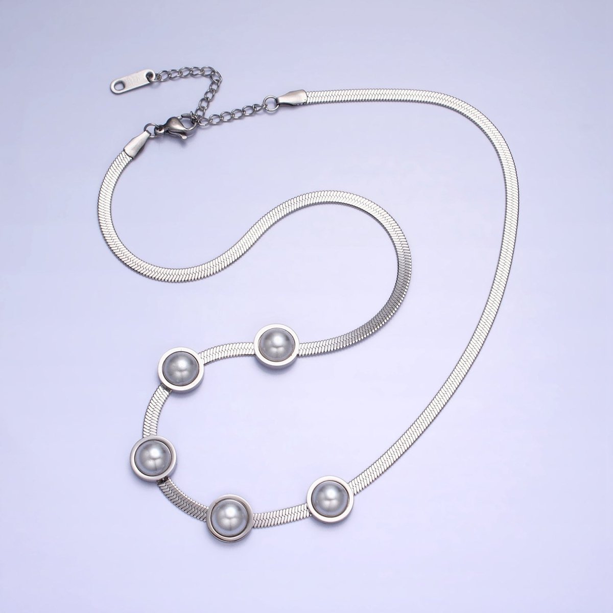 Stainless Steel Rounded Pearl 3mm Herringbone Snake 16 Inch Choker Geometric Chain Necklace | WA-1714 Clearance Pricing - DLUXCA