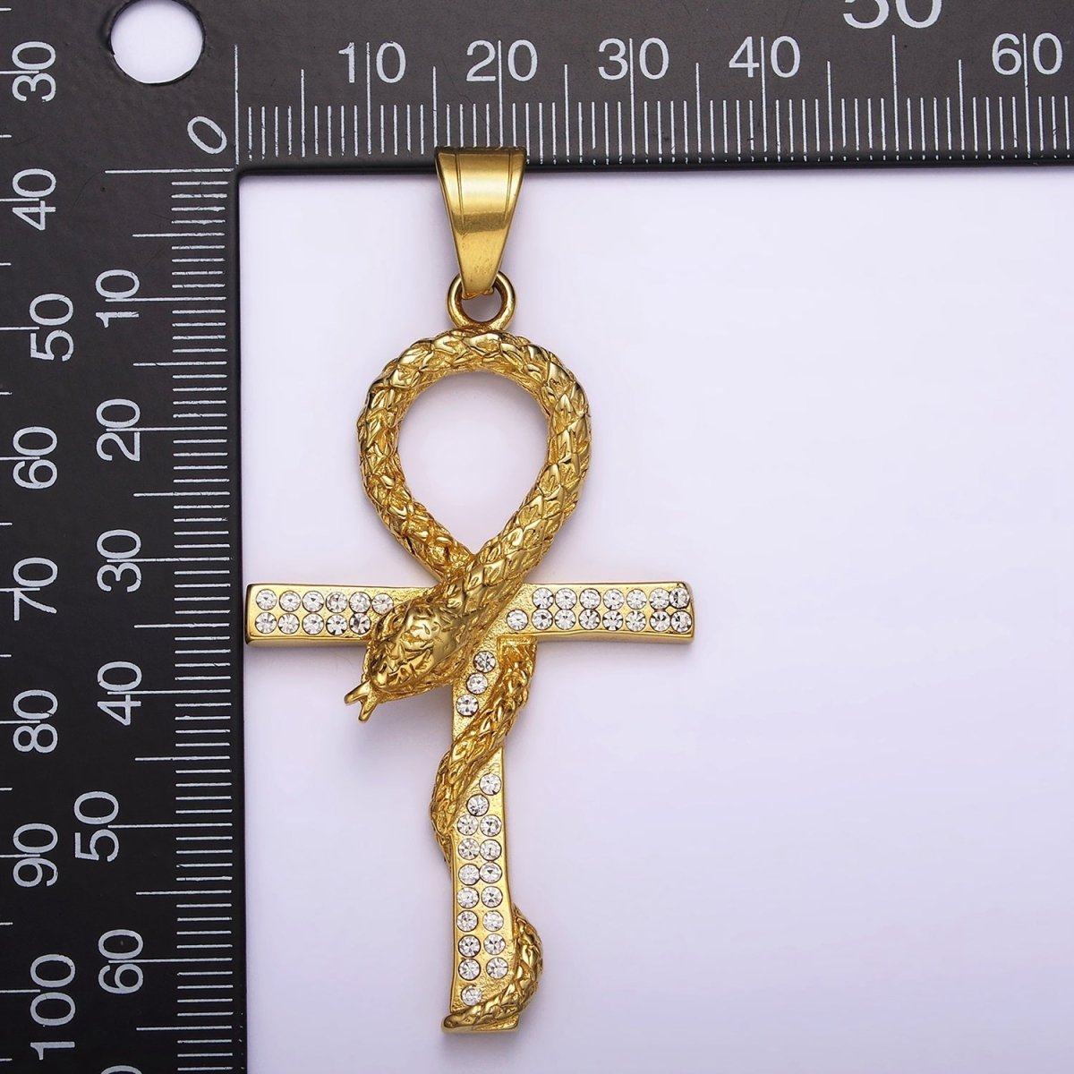 Stainless Steel Scaled Snake Serpent Ankh Egyptian Clear Micro Paved CZ Cross Pendant J-765 - DLUXCA