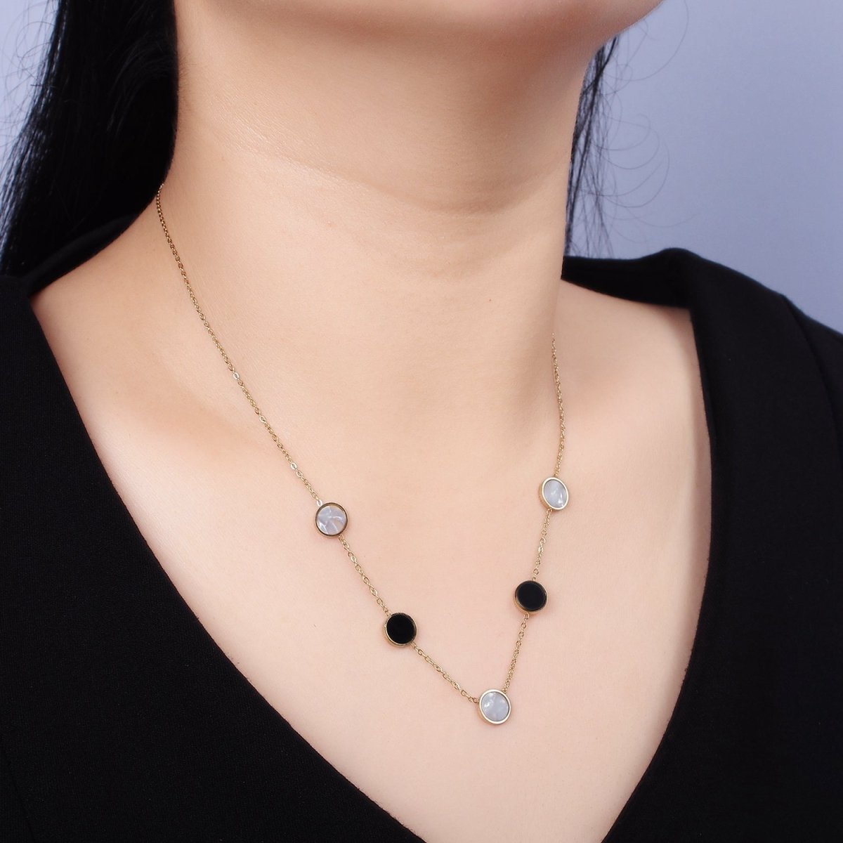 Stainless Steel Shell Pearl Black Round Cable Chain 17 Inch Layering Necklace w. Extender | WA-2032 Clearance Pricing - DLUXCA