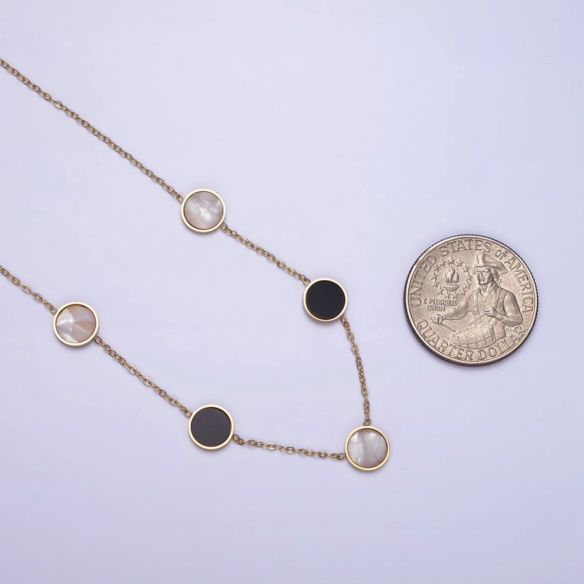 Stainless Steel Shell Pearl Black Round Cable Chain 17 Inch Layering Necklace w. Extender | WA-2032 Clearance Pricing - DLUXCA