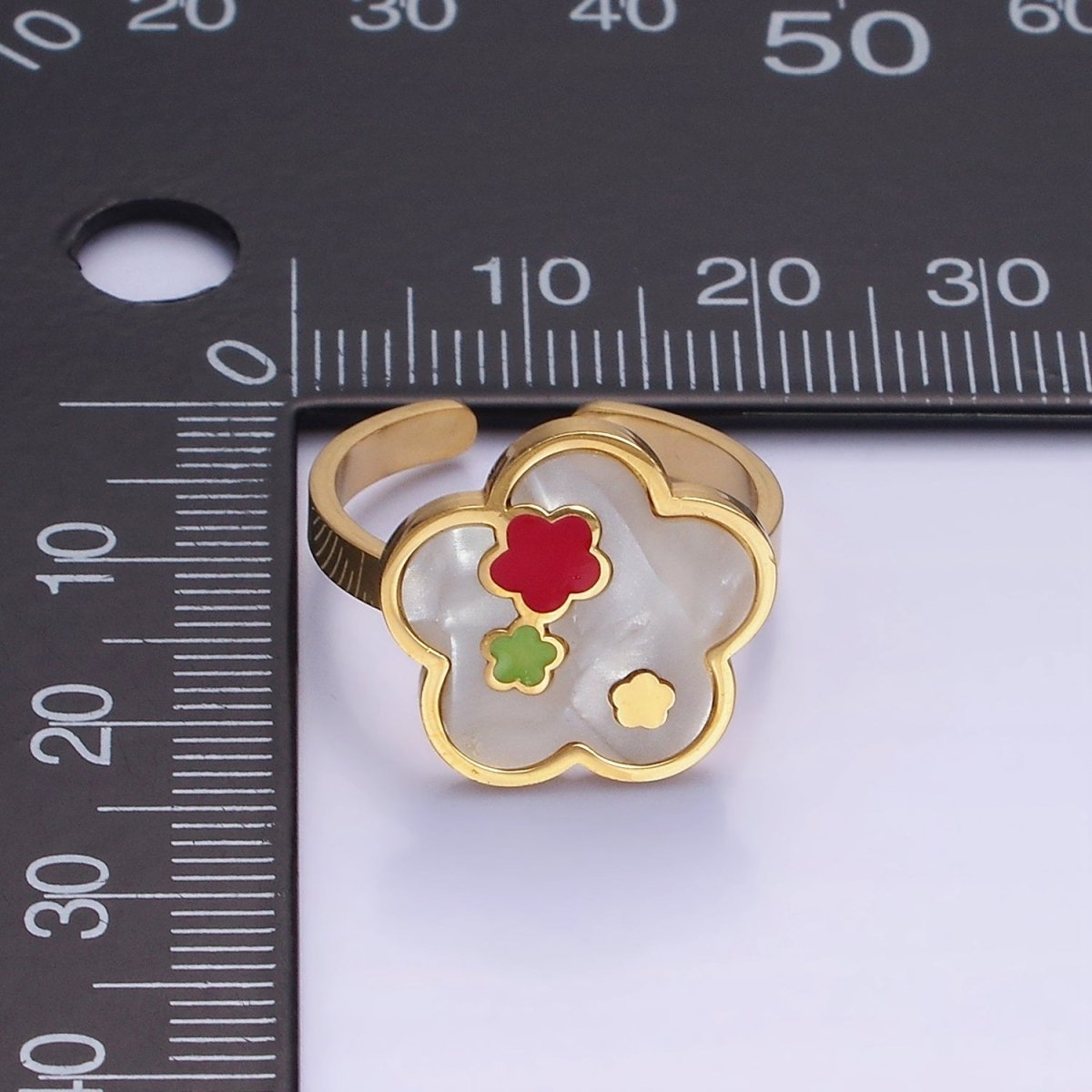 Stainless Steel Shell Pearl Gemstone Flower Bezel Ring | O1289 - DLUXCA