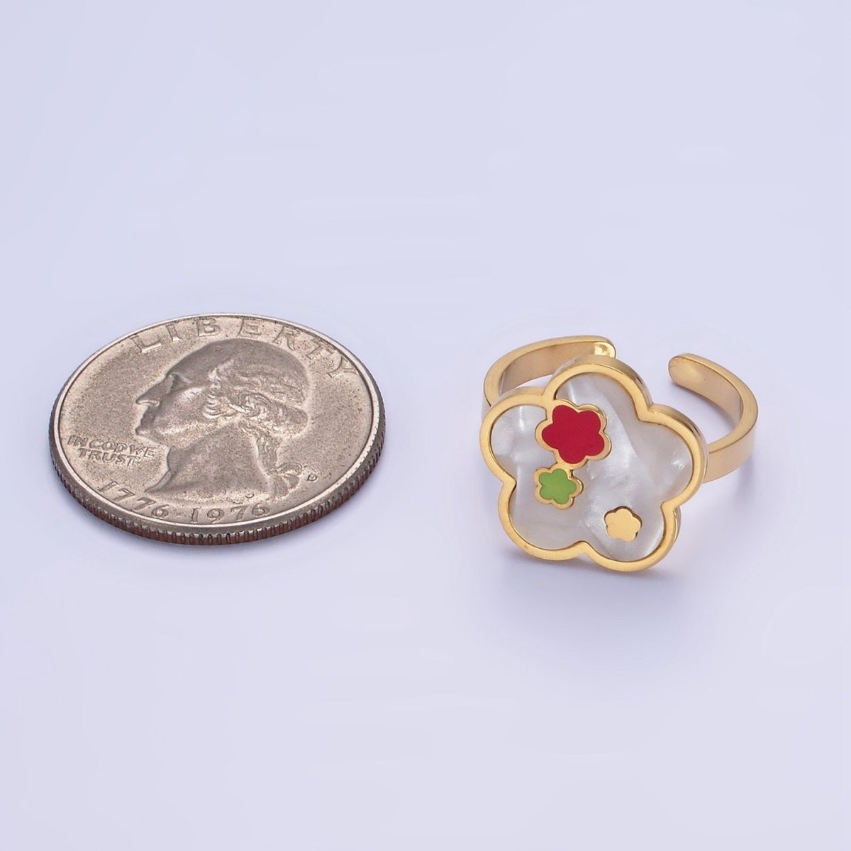 Stainless Steel Shell Pearl Gemstone Flower Bezel Ring | O1289 - DLUXCA