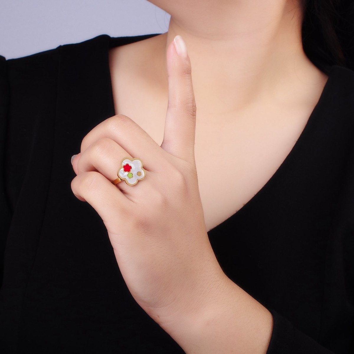 Stainless Steel Shell Pearl Gemstone Flower Bezel Ring | O1289 - DLUXCA