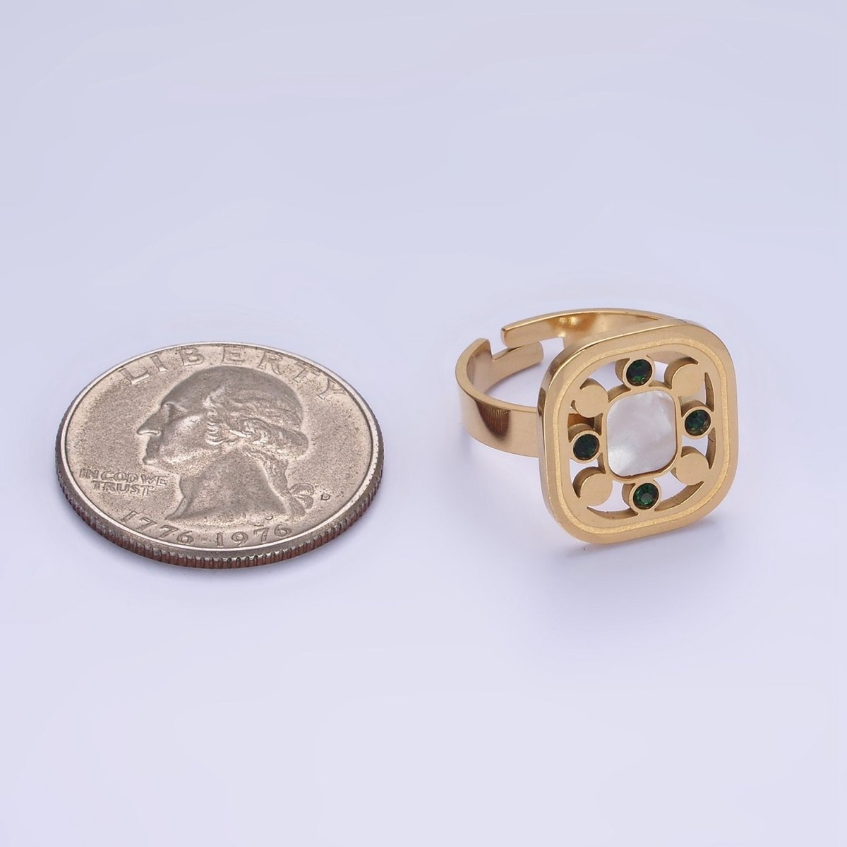 Stainless Steel Shell Pearl Green CZ Open Square Adjustable Ring | O1287 - DLUXCA