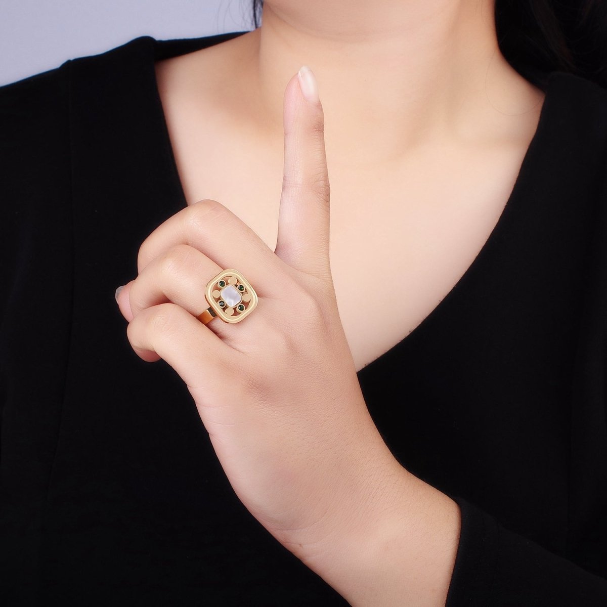 Stainless Steel Shell Pearl Green CZ Open Square Adjustable Ring | O1287 - DLUXCA