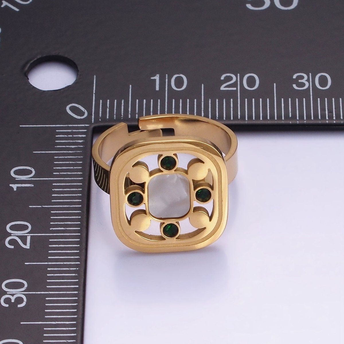 Stainless Steel Shell Pearl Green CZ Open Square Adjustable Ring | O1287 - DLUXCA