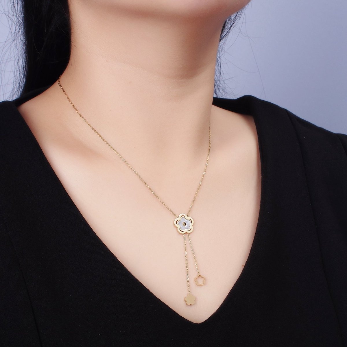 Stainless Steel Shell Pearl Open Flower Double Lariat 17 Inch Chain Necklace | WA-2085 Clearance Pricing - DLUXCA