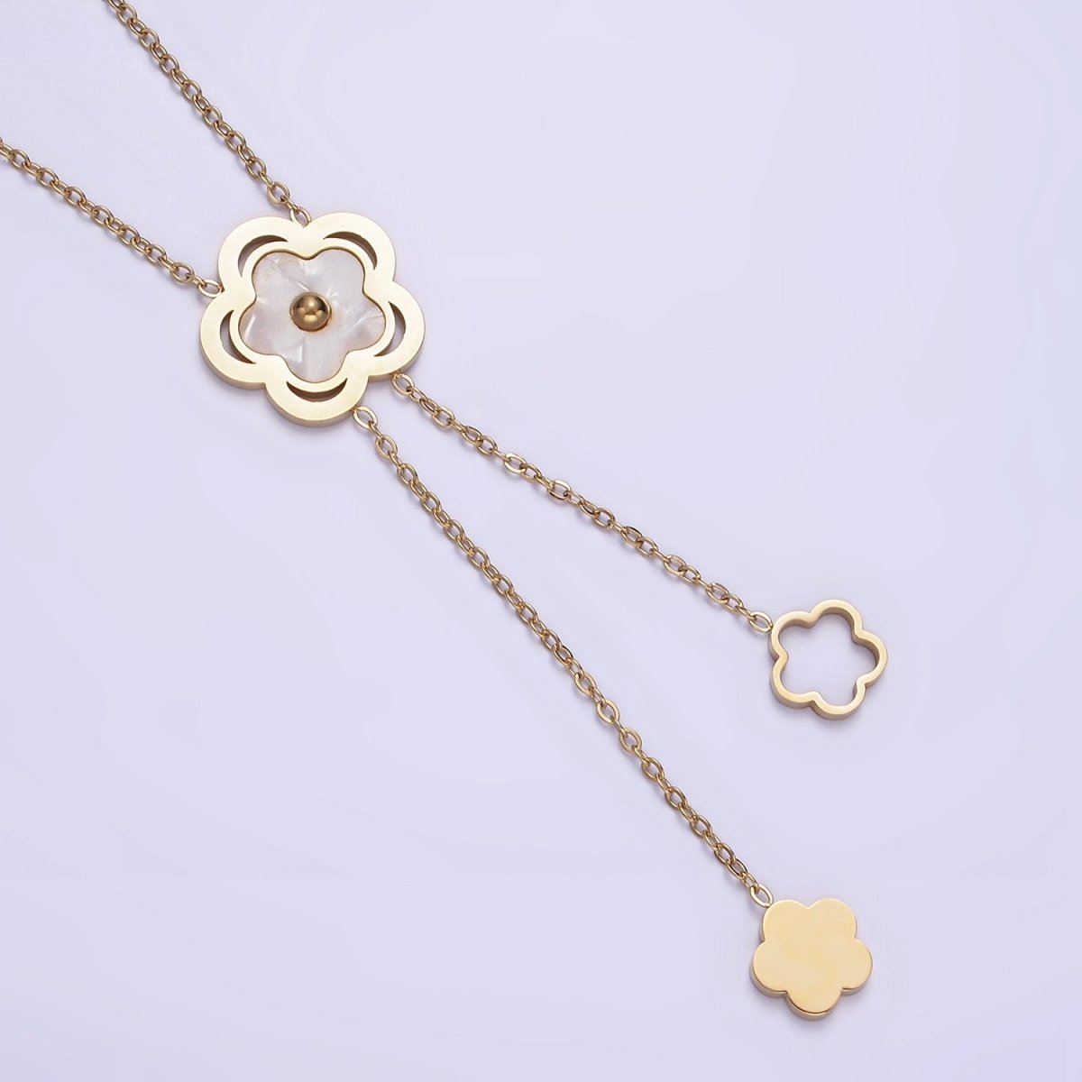 Stainless Steel Shell Pearl Open Flower Double Lariat 17 Inch Chain Necklace | WA-2085 Clearance Pricing - DLUXCA