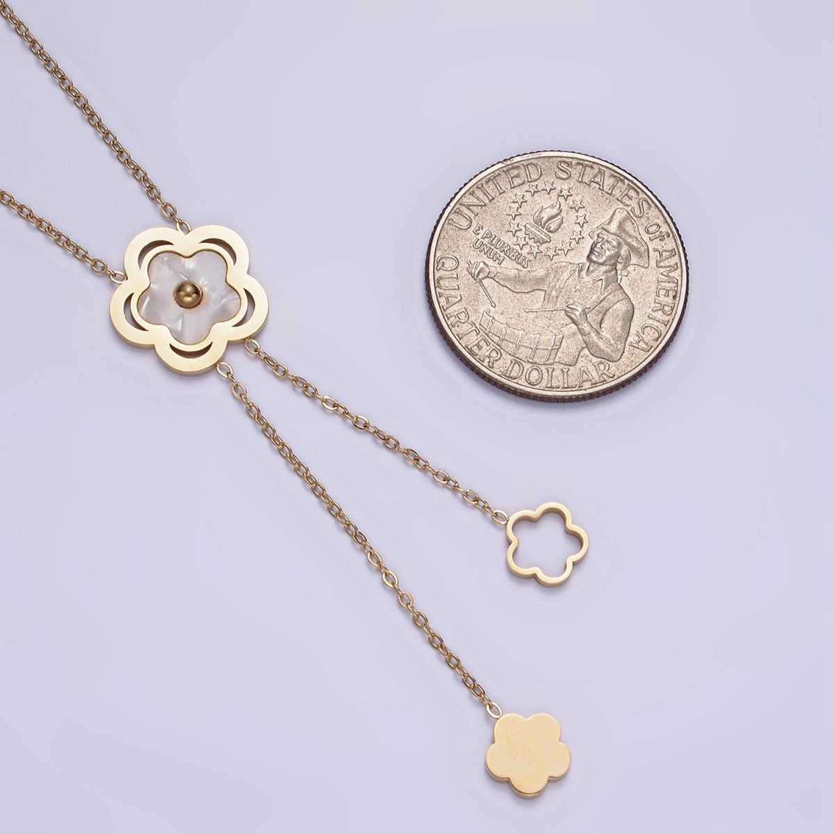 Stainless Steel Shell Pearl Open Flower Double Lariat 17 Inch Chain Necklace | WA-2085 Clearance Pricing - DLUXCA