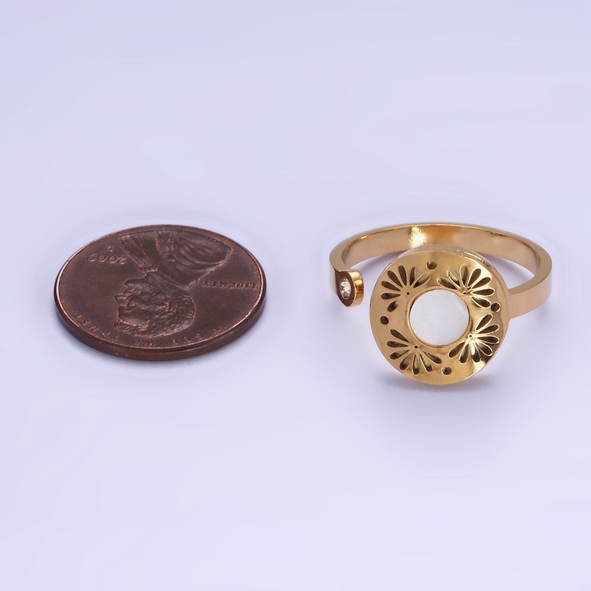 Stainless Steel Shell Pearl Open Flower Petal Filigree Round CZ Wrap Ring | O1297 - DLUXCA