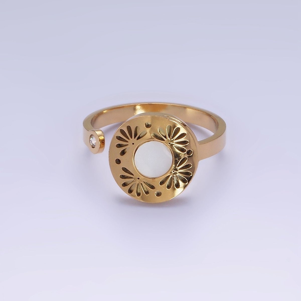 Stainless Steel Shell Pearl Open Flower Petal Filigree Round CZ Wrap Ring | O1297 - DLUXCA