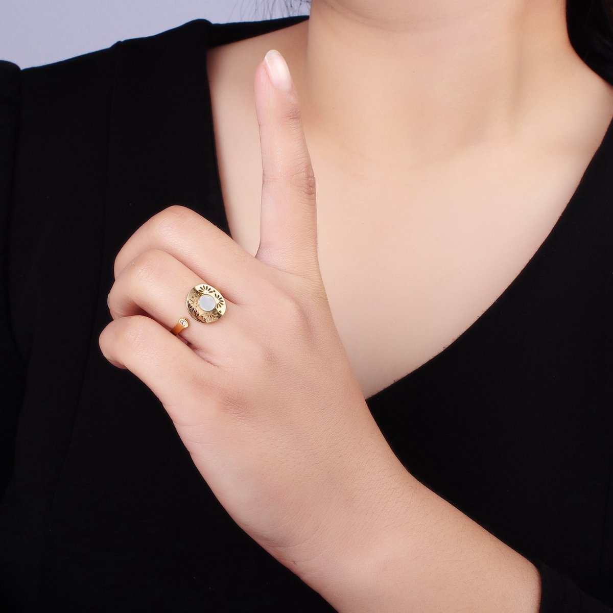 Stainless Steel Shell Pearl Open Flower Petal Filigree Round CZ Wrap Ring | O1297 - DLUXCA