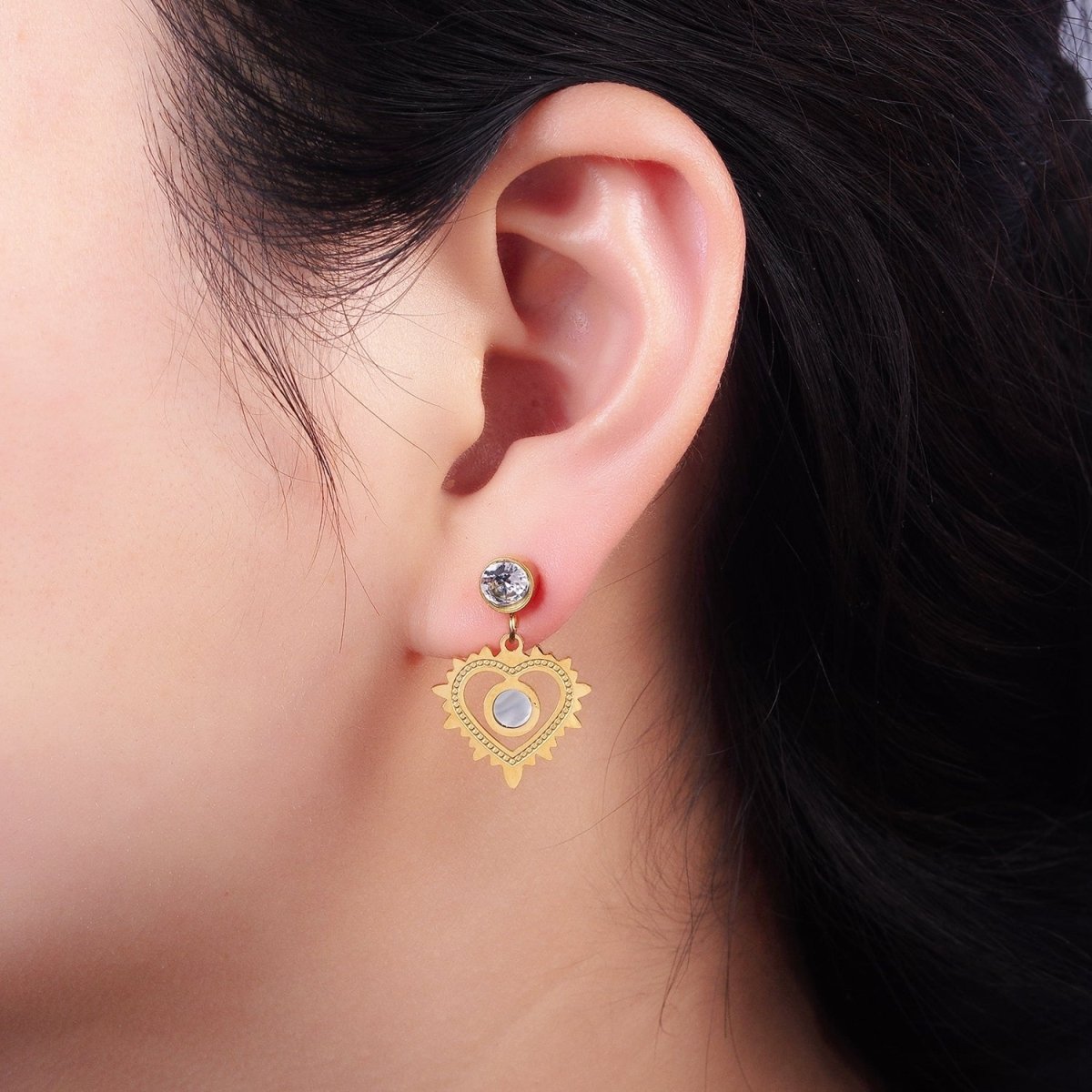 Stainless Steel Shell Pearl Open Heart CZ Drop Stud Earrings | AE460 - DLUXCA