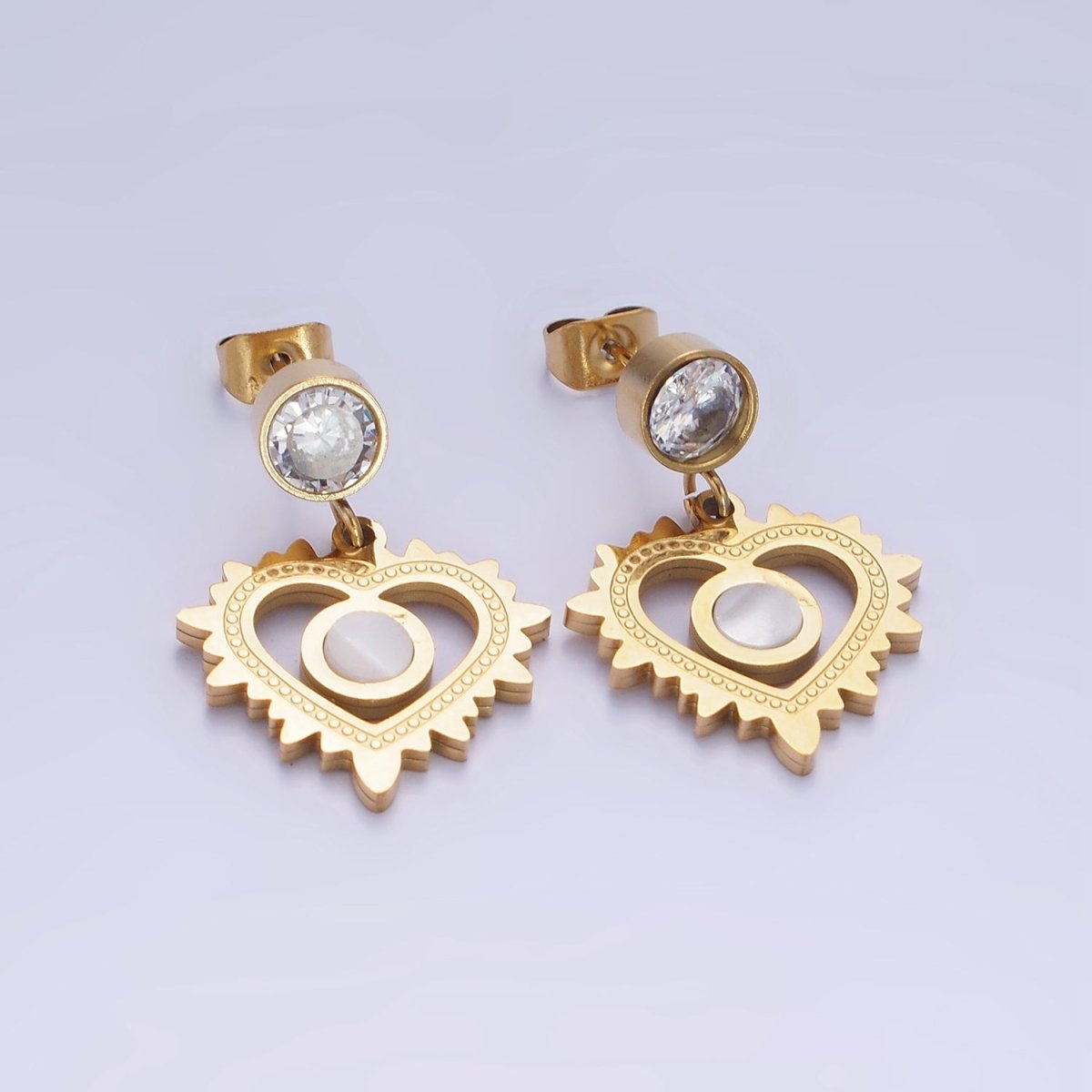 Stainless Steel Shell Pearl Open Heart CZ Drop Stud Earrings | AE460 - DLUXCA