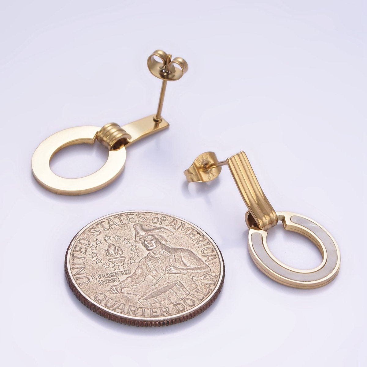 Stainless Steel Shell Pearl Oval Multiple Lined Stud Earrings | AB1154 - DLUXCA