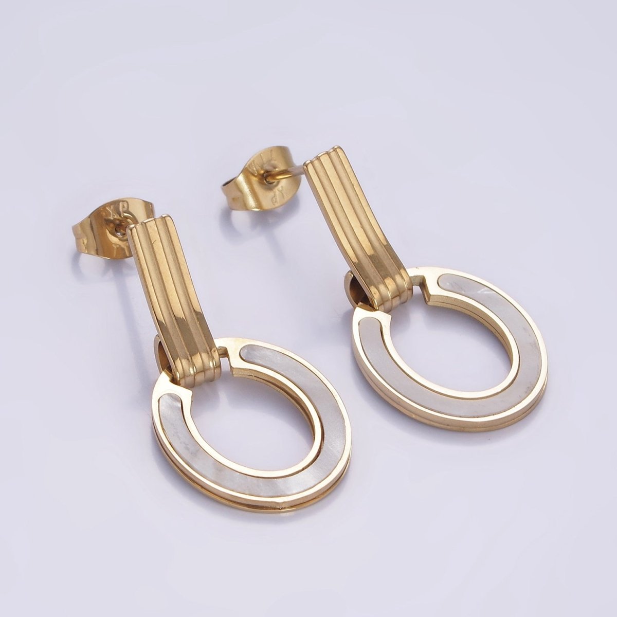 Stainless Steel Shell Pearl Oval Multiple Lined Stud Earrings | AB1154 - DLUXCA