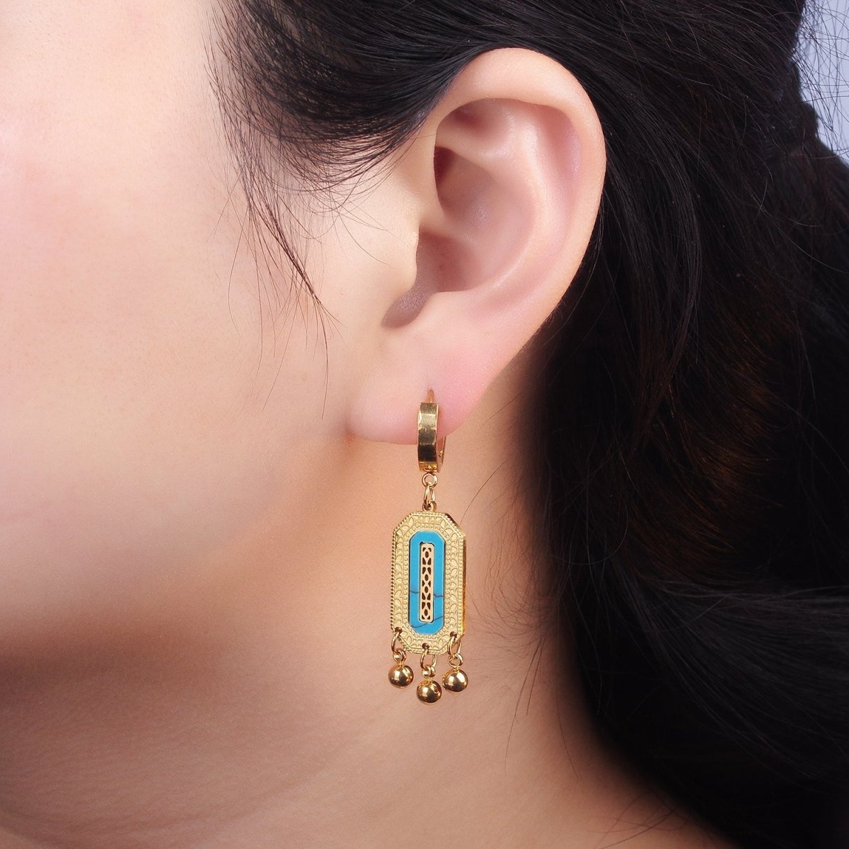 Stainless Steel Shell Pearl, Turquoise Lined Dotted Hexagonal Tag Triple Bead Drop Huggie Earrings | AE471 AE472 - DLUXCA