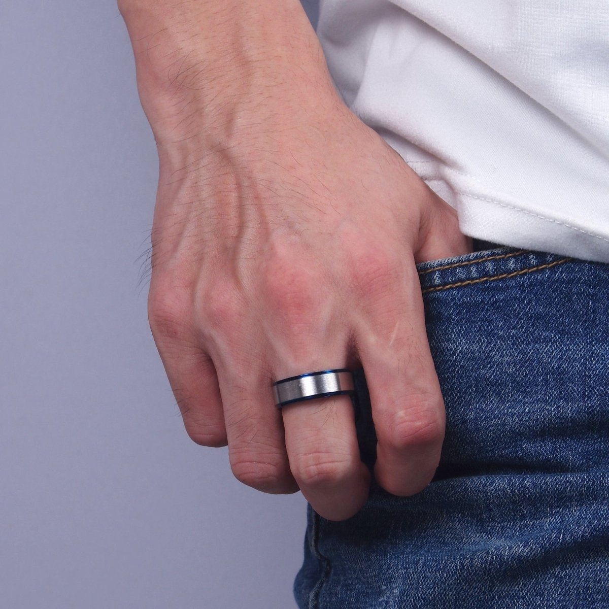 Stainless Steel Silver Band Metallic Blue Ring | O1198 - O1200 - DLUXCA