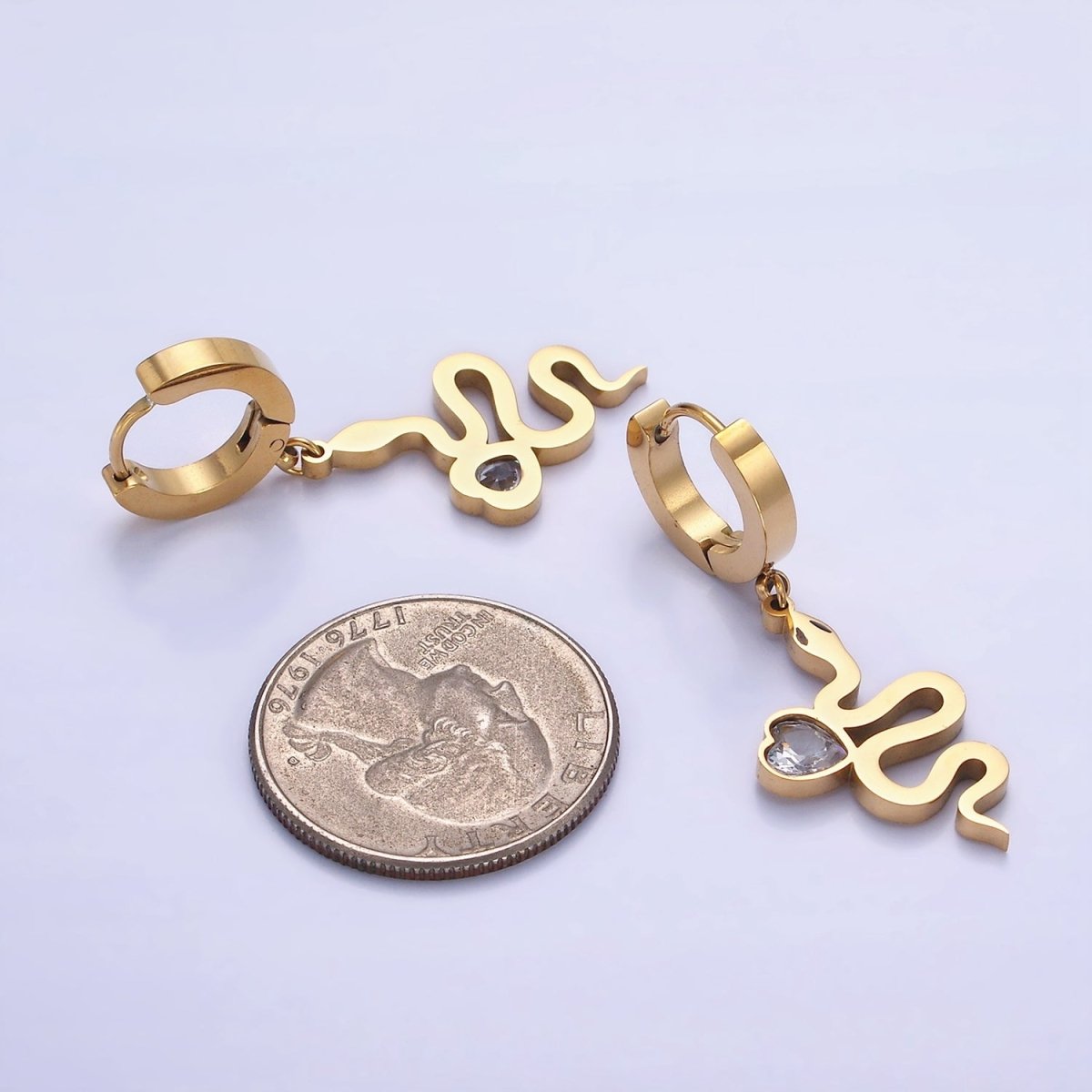 Stainless Steel Snake Serpent Animal Heart CZ Drop Huggie Earrings Set | AE457 - DLUXCA