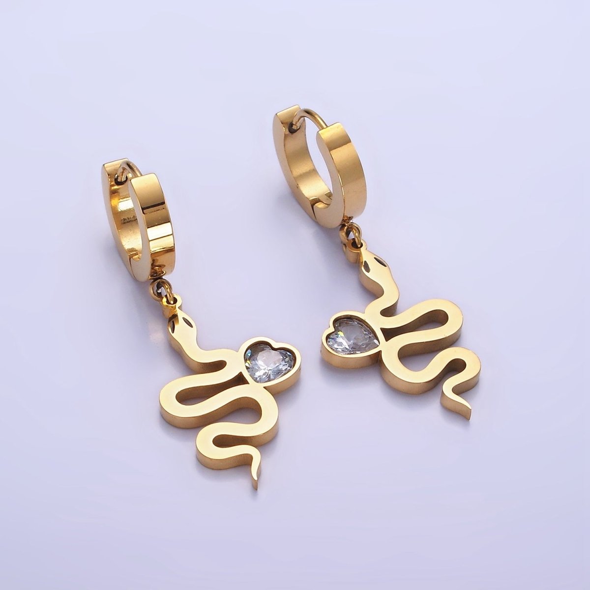 Stainless Steel Snake Serpent Animal Heart CZ Drop Huggie Earrings Set | AE457 - DLUXCA