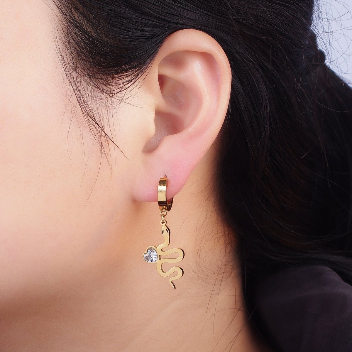 Stainless Steel Snake Serpent Animal Heart CZ Drop Huggie Earrings Set | AE457 - DLUXCA
