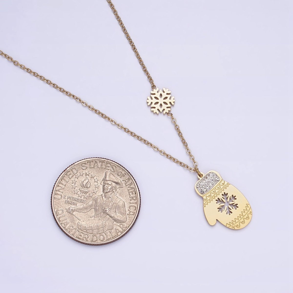 Stainless Steel Snowflake Open Warm Mitten Charm 17 Inch Rolo Chain Necklace | WA-2053 Clearance Pricing - DLUXCA