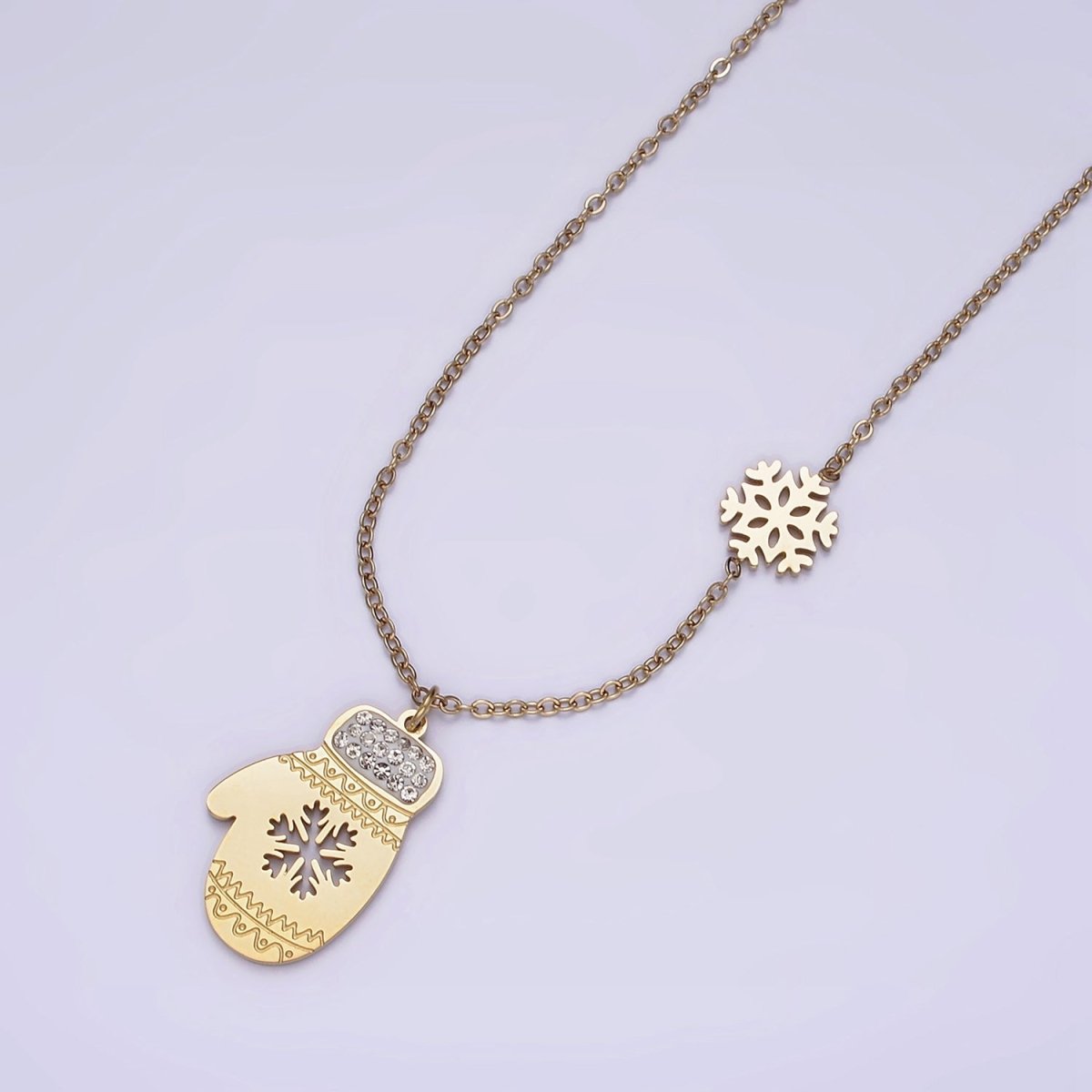 Stainless Steel Snowflake Open Warm Mitten Charm 17 Inch Rolo Chain Necklace | WA-2053 Clearance Pricing - DLUXCA