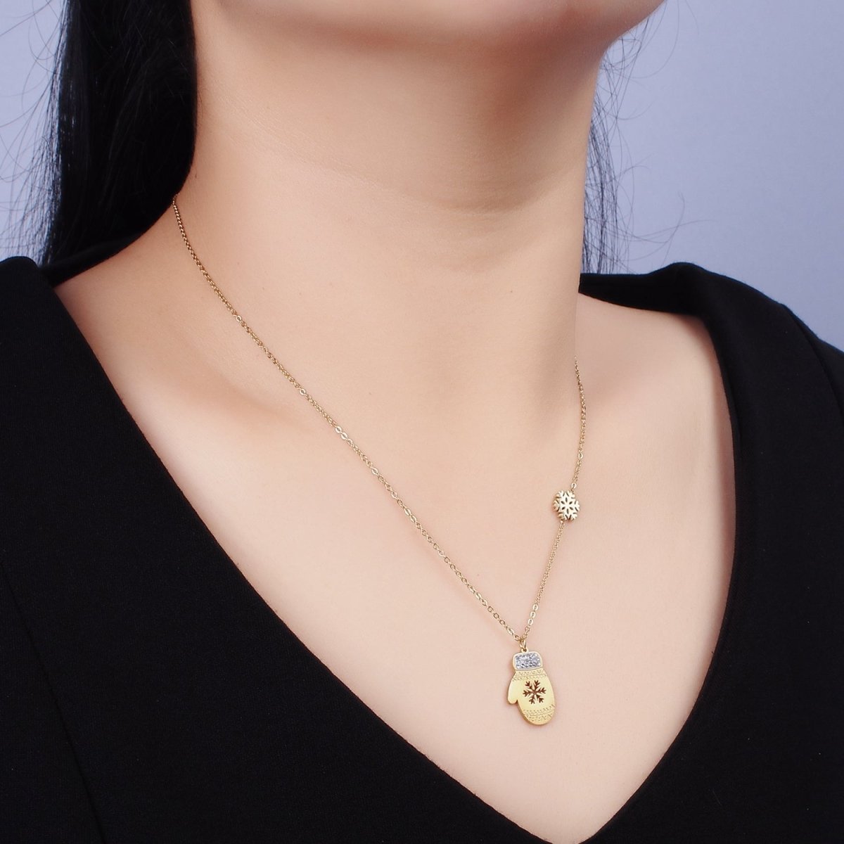 Stainless Steel Snowflake Open Warm Mitten Charm 17 Inch Rolo Chain Necklace | WA-2053 Clearance Pricing - DLUXCA