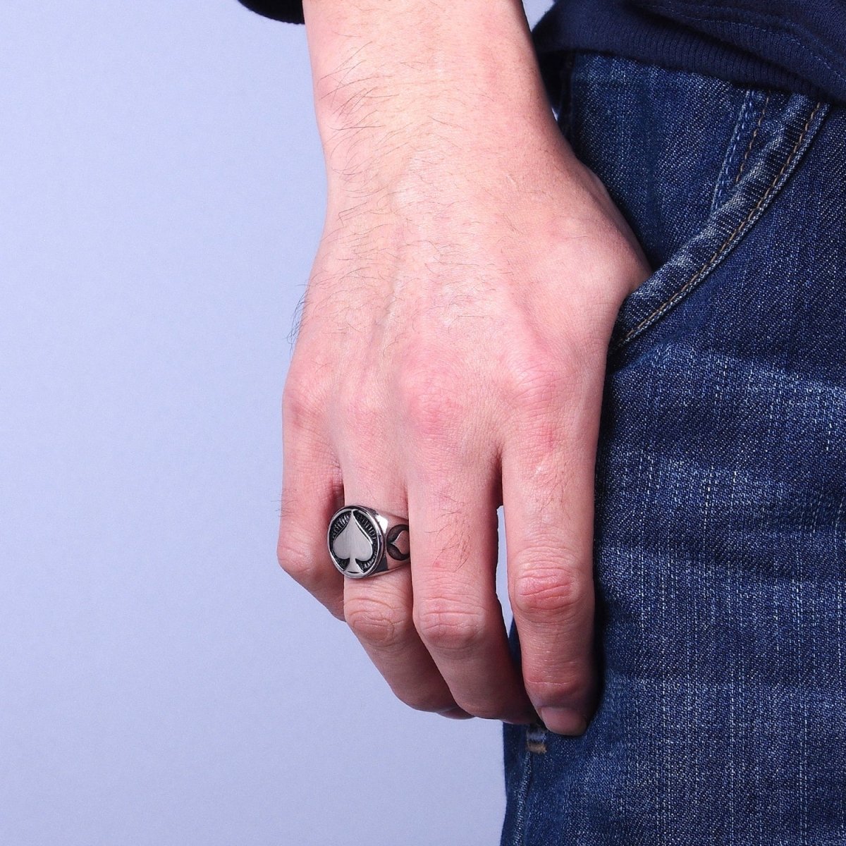 Stainless Steel Spade Card Symbol Round Signet Ring in Silver & Gold | O-1962 O-1963 O-1964 O-1965 - DLUXCA