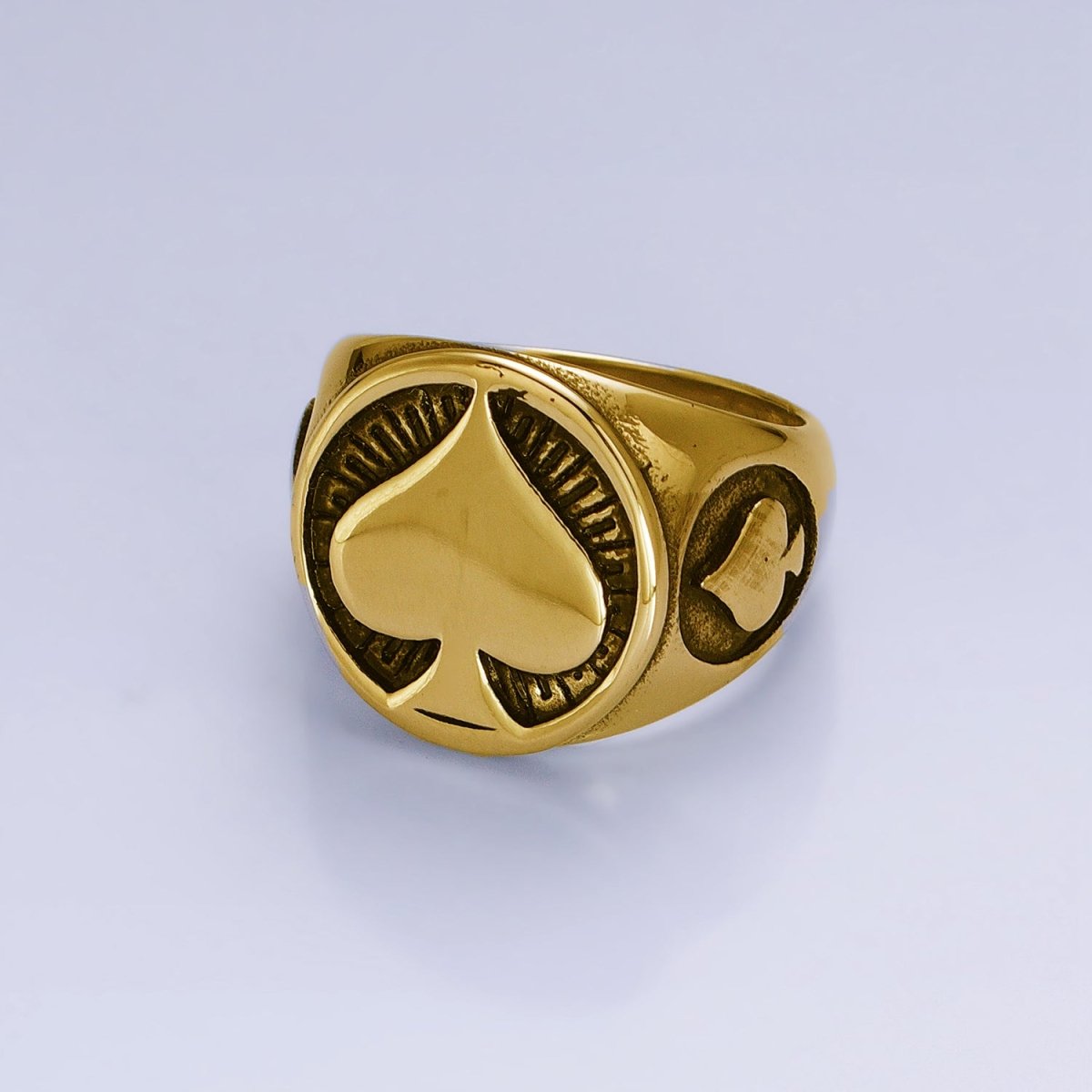 Stainless Steel Spade Card Symbol Round Signet Ring in Silver & Gold | O-1962 O-1963 O-1964 O-1965 - DLUXCA