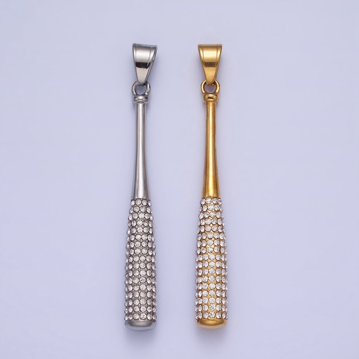 Stainless Steel Sport Baseball Bat Micro Paved CZ Pendant in Gold & Silver J-763 J-771 - DLUXCA