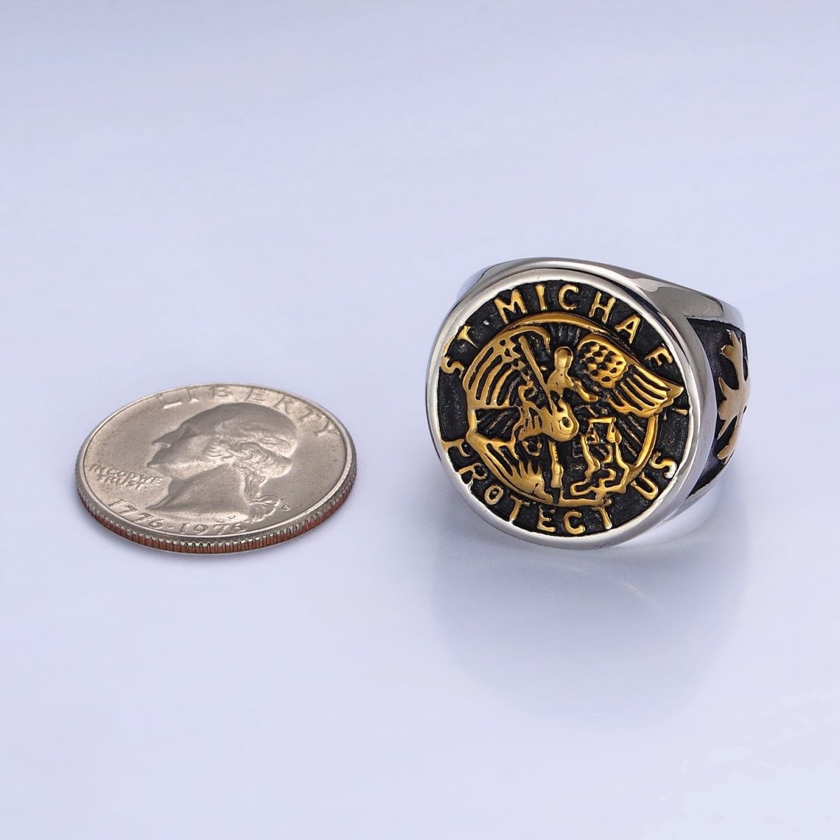 Stainless Steel "St. Michael Protect Us" Script Fleury Cross Round Signet Mixed Metal Ring | O-1853 O-1854 - DLUXCA
