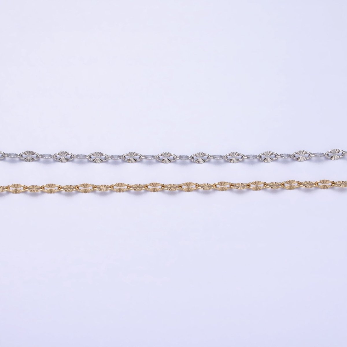 Stainless Steel Sunburst Link 2.3mm Designed Unfinished Chain in Gold & Silver | ROLL-1350 ROLL-1351 Clearance Pricing - DLUXCA