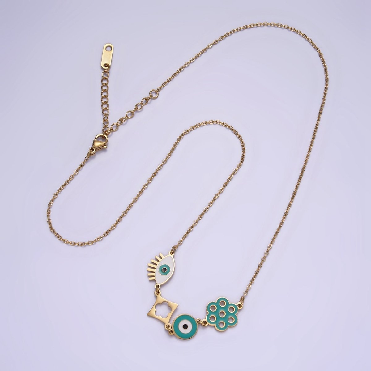 Stainless Steel Teal Evil Eye Open Flower 17 Inch Cable Chain Necklace | WA-2062 Clearance Pricing - DLUXCA