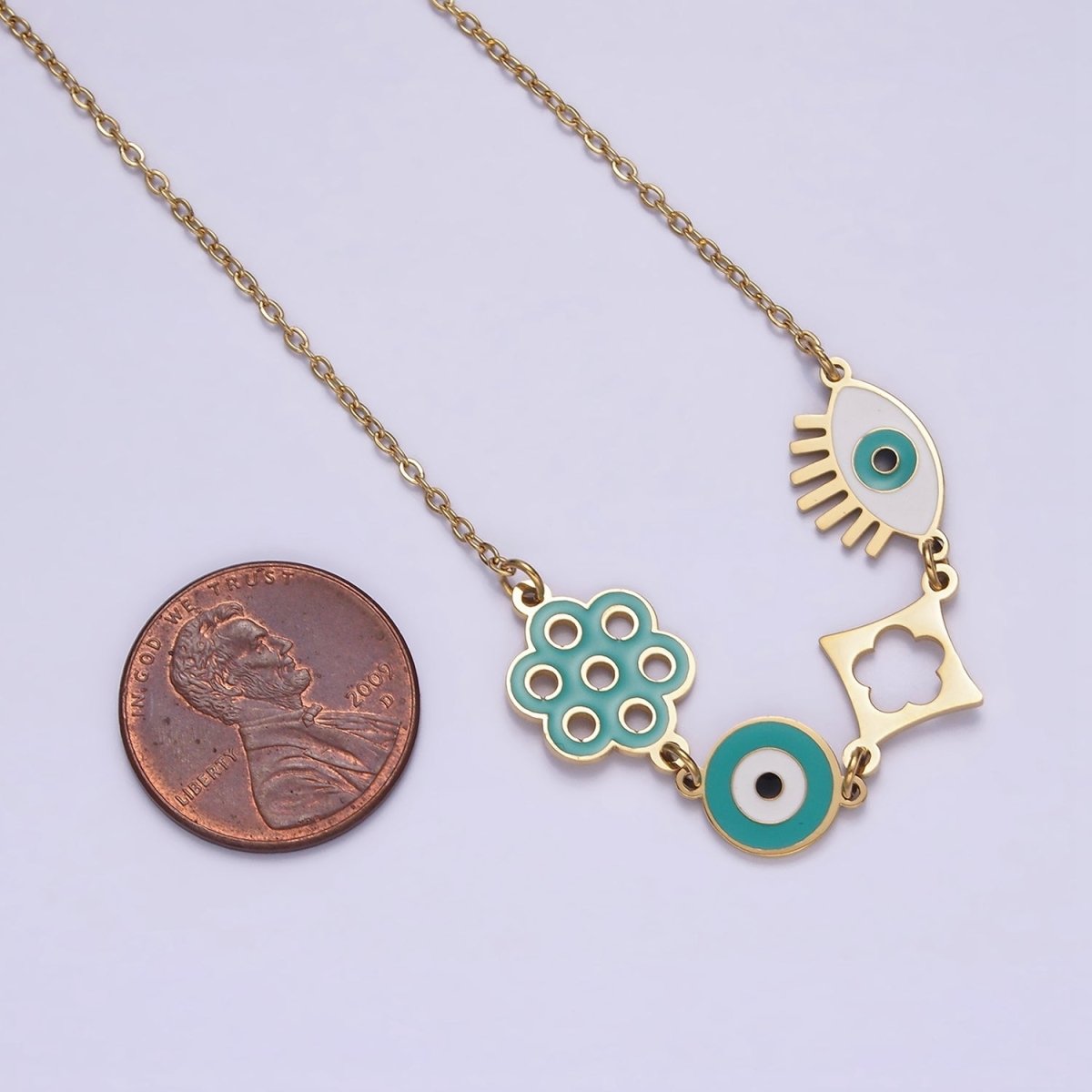 Stainless Steel Teal Evil Eye Open Flower 17 Inch Cable Chain Necklace | WA-2062 Clearance Pricing - DLUXCA