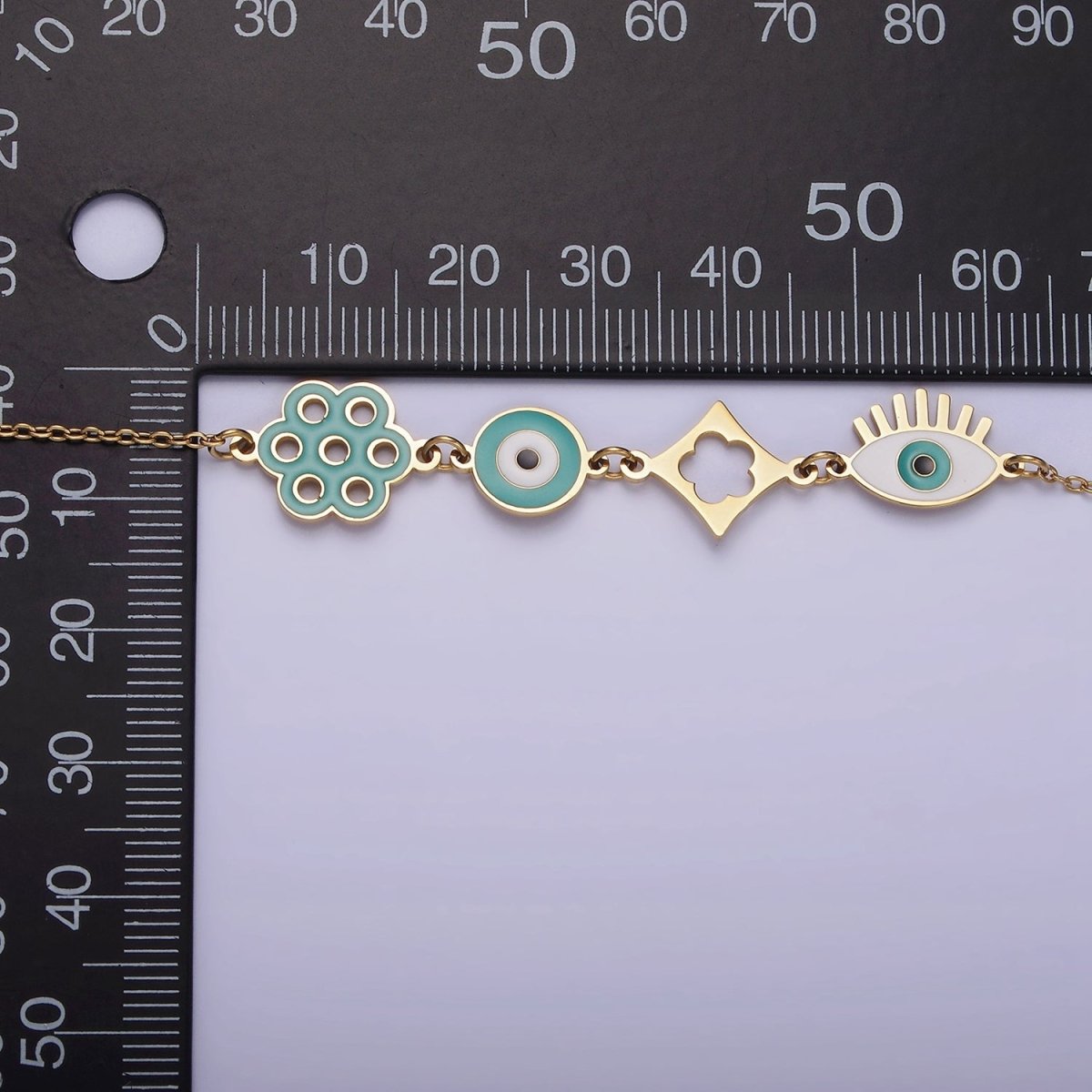 Stainless Steel Teal Evil Eye Open Flower 17 Inch Cable Chain Necklace | WA-2062 Clearance Pricing - DLUXCA