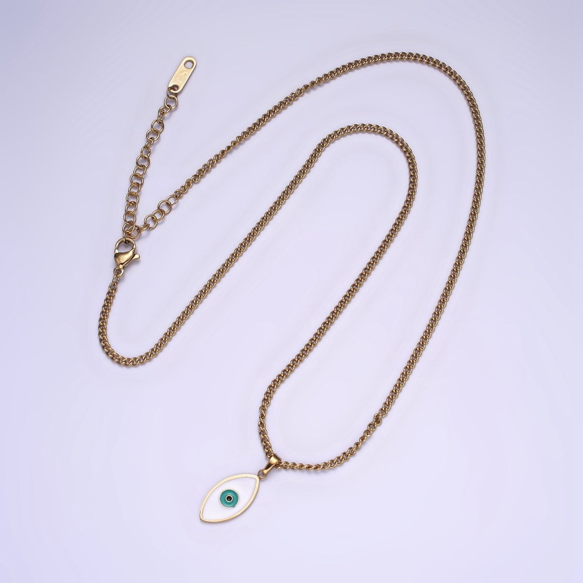 Stainless Steel Teal Evil Eyed Enamel Pendant 17 Inch Curb Chain Necklace | WA-2056 Clearance Pricing - DLUXCA