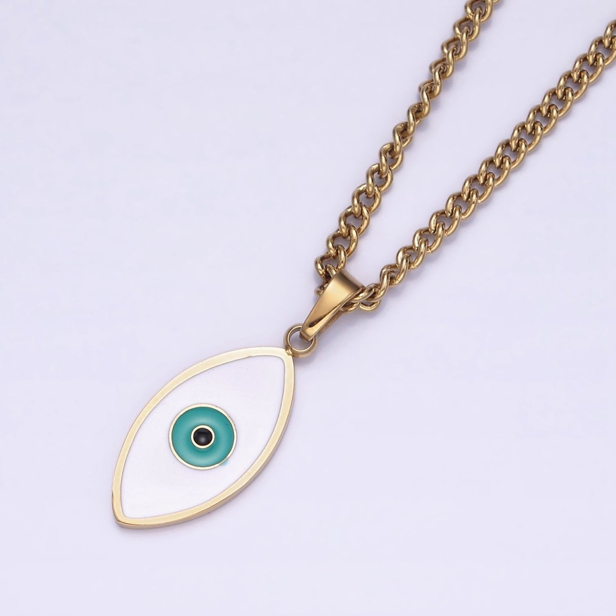Stainless Steel Teal Evil Eyed Enamel Pendant 17 Inch Curb Chain Necklace | WA-2056 Clearance Pricing - DLUXCA