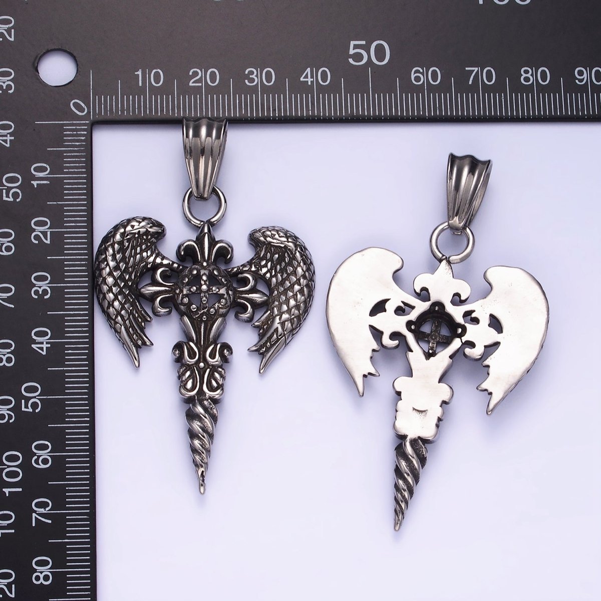 Stainless Steel Textured Fleur Cross Wings Drill Religious Oxidized Silver Pendant | P1412 - DLUXCA