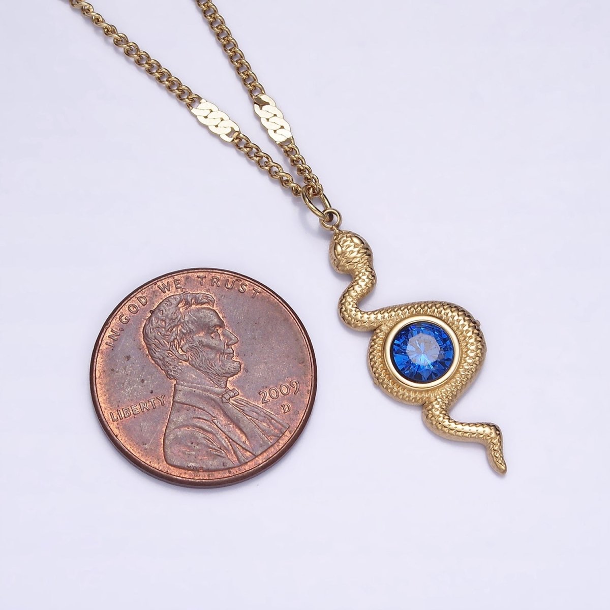 Stainless Steel Textured Snake Blue CZ Charm 17 Inch Unique Curb Chain Necklace | WA-2068 Clearance Pricing - DLUXCA