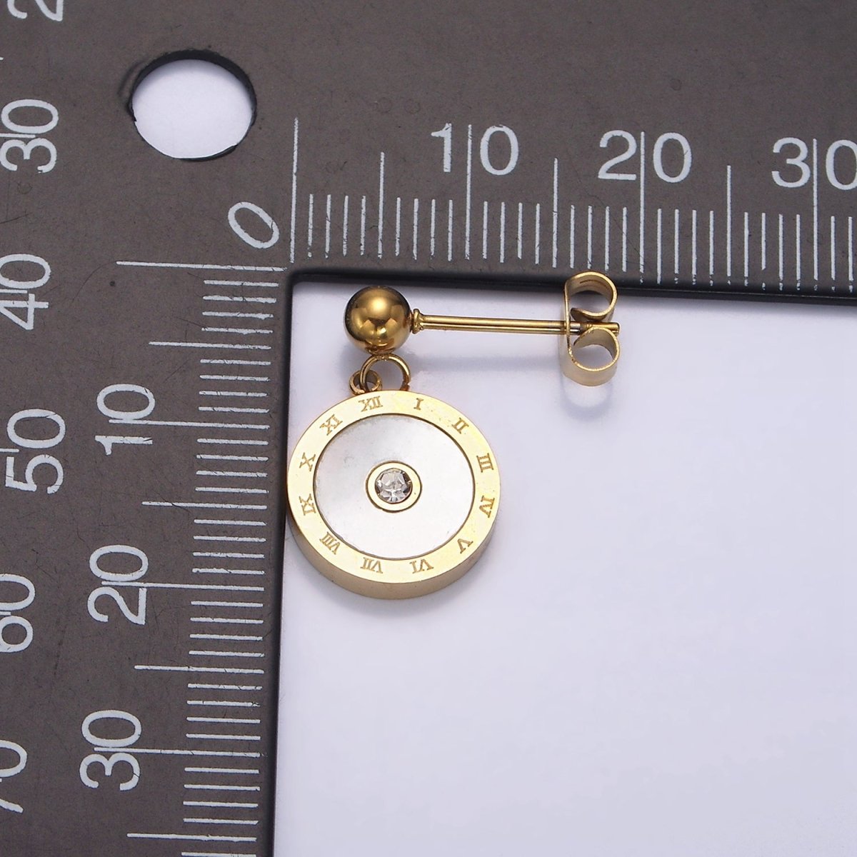 Stainless Steel Time Engraved Shell Pearl CZ Round Bead Drop Stud Earrings | AE740 - DLUXCA