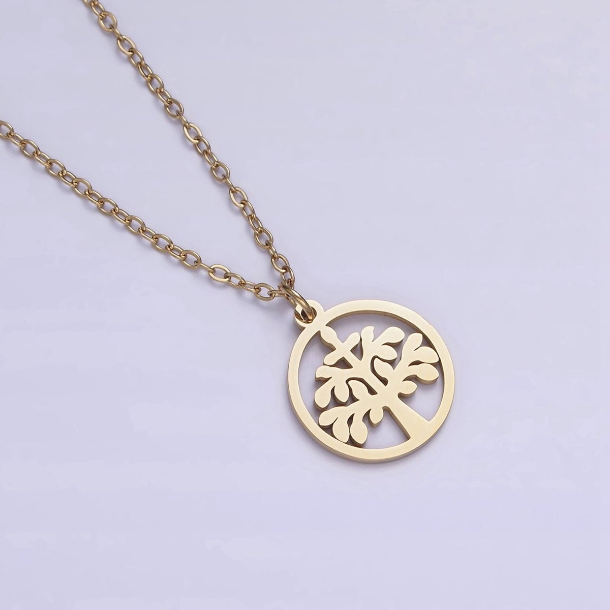 Stainless Steel Tree Plant Open Round Charm 16 Inch Cable Chain Choker Necklace | WA-2060 Clearance Pricing - DLUXCA