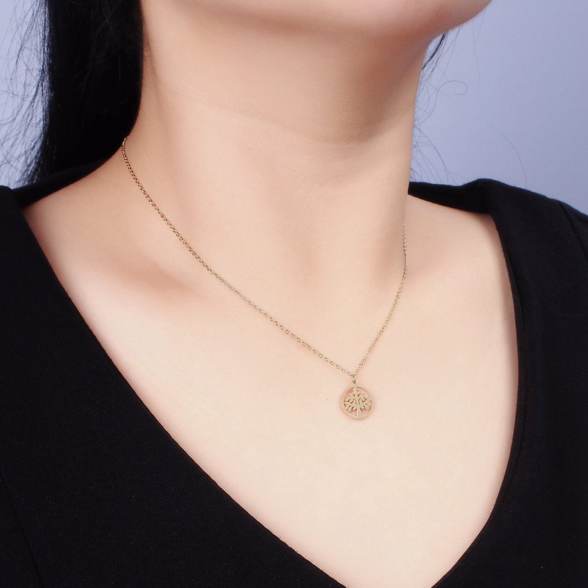 Stainless Steel Tree Plant Open Round Charm 16 Inch Cable Chain Choker Necklace | WA-2060 Clearance Pricing - DLUXCA