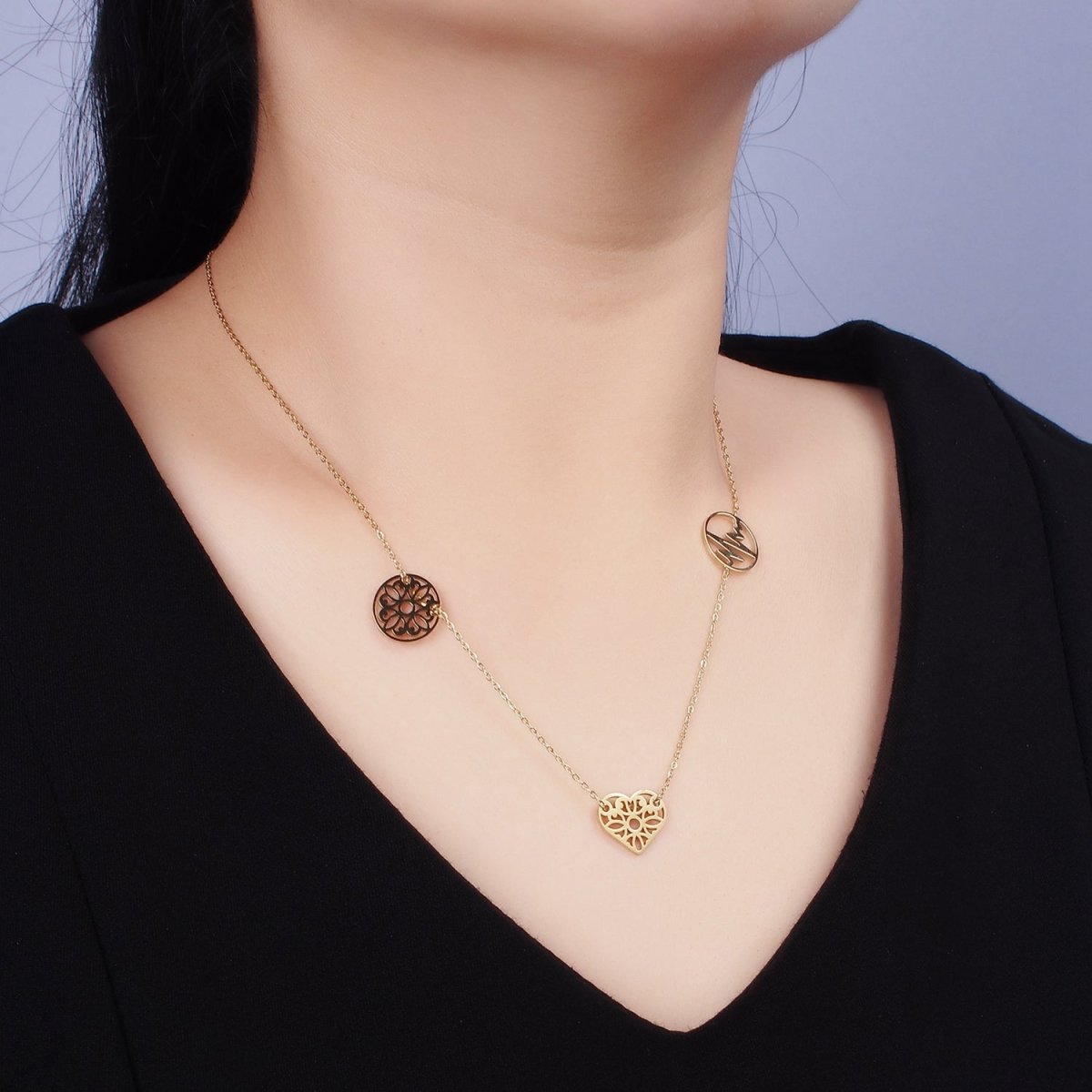 Stainless Steel Triple Artisan Open Heart Circle 17 Inch Cable Chain Necklace | WA-2049 Clearance Pricing - DLUXCA