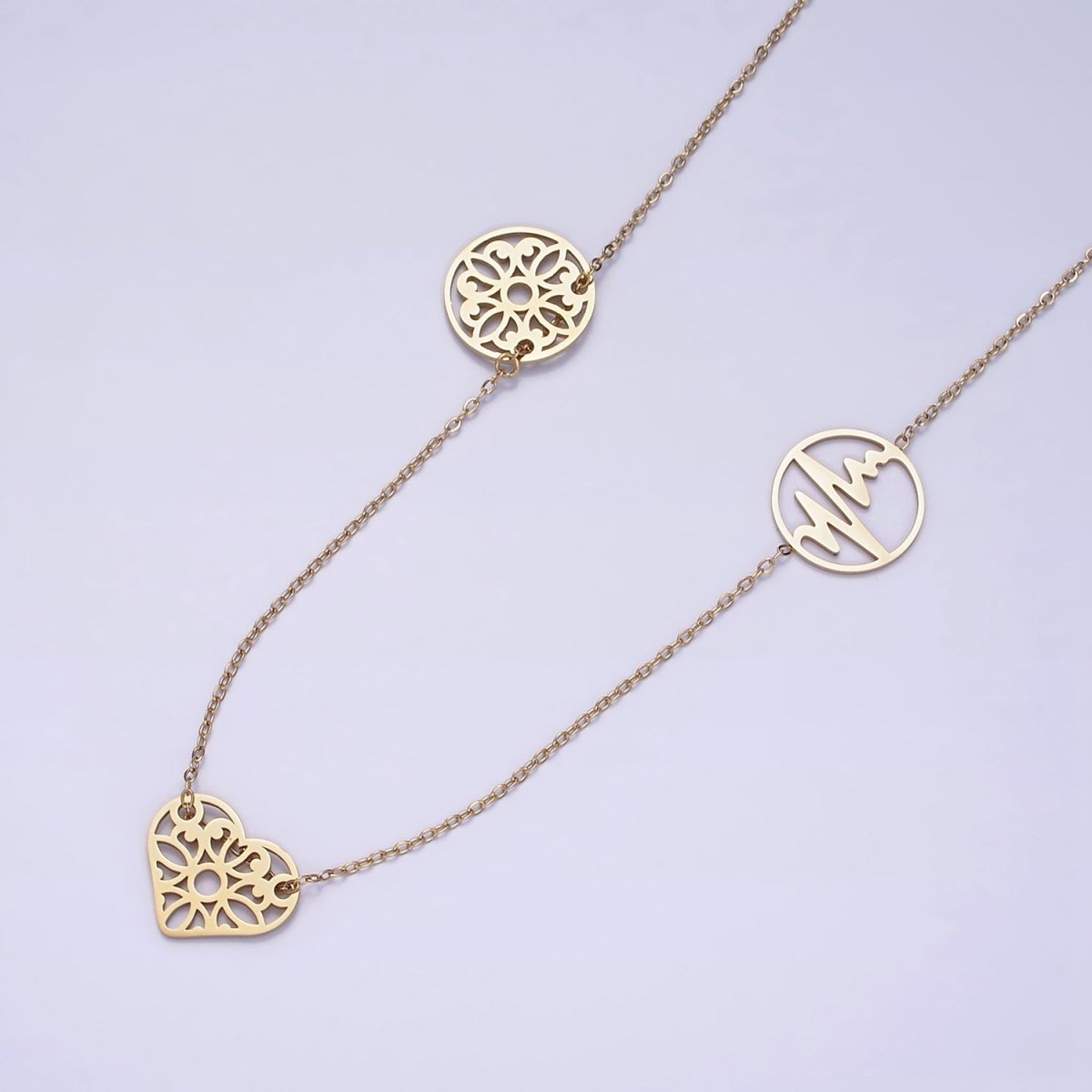 Stainless Steel Triple Artisan Open Heart Circle 17 Inch Cable Chain Necklace | WA-2049 Clearance Pricing - DLUXCA