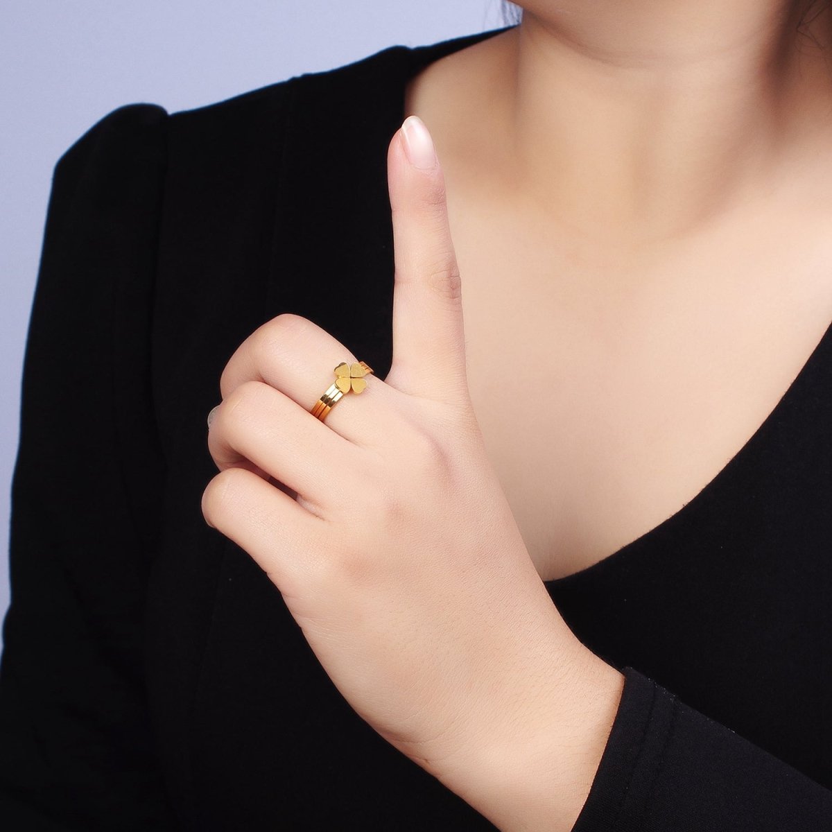 Stainless Steel Triple Heart Clover Quatrefoil Band Ring Set in Gold & Silver | O-1689~O-1696 - DLUXCA