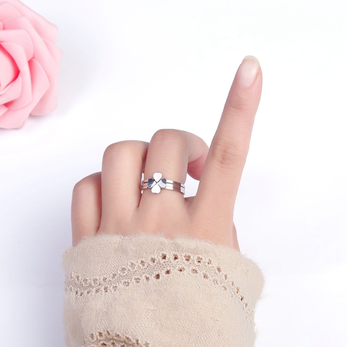 Stainless Steel Triple Heart Clover Quatrefoil Band Ring Set in Gold & Silver | O-1689~O-1696 - DLUXCA