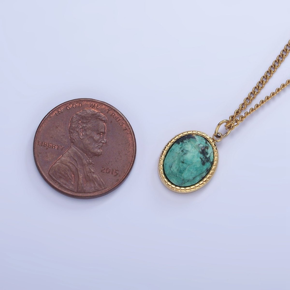 Stainless Steel Turquoise Oval Bezel Curb Chain 16 Inch Necklace w. Extender | WA-2471 - DLUXCA