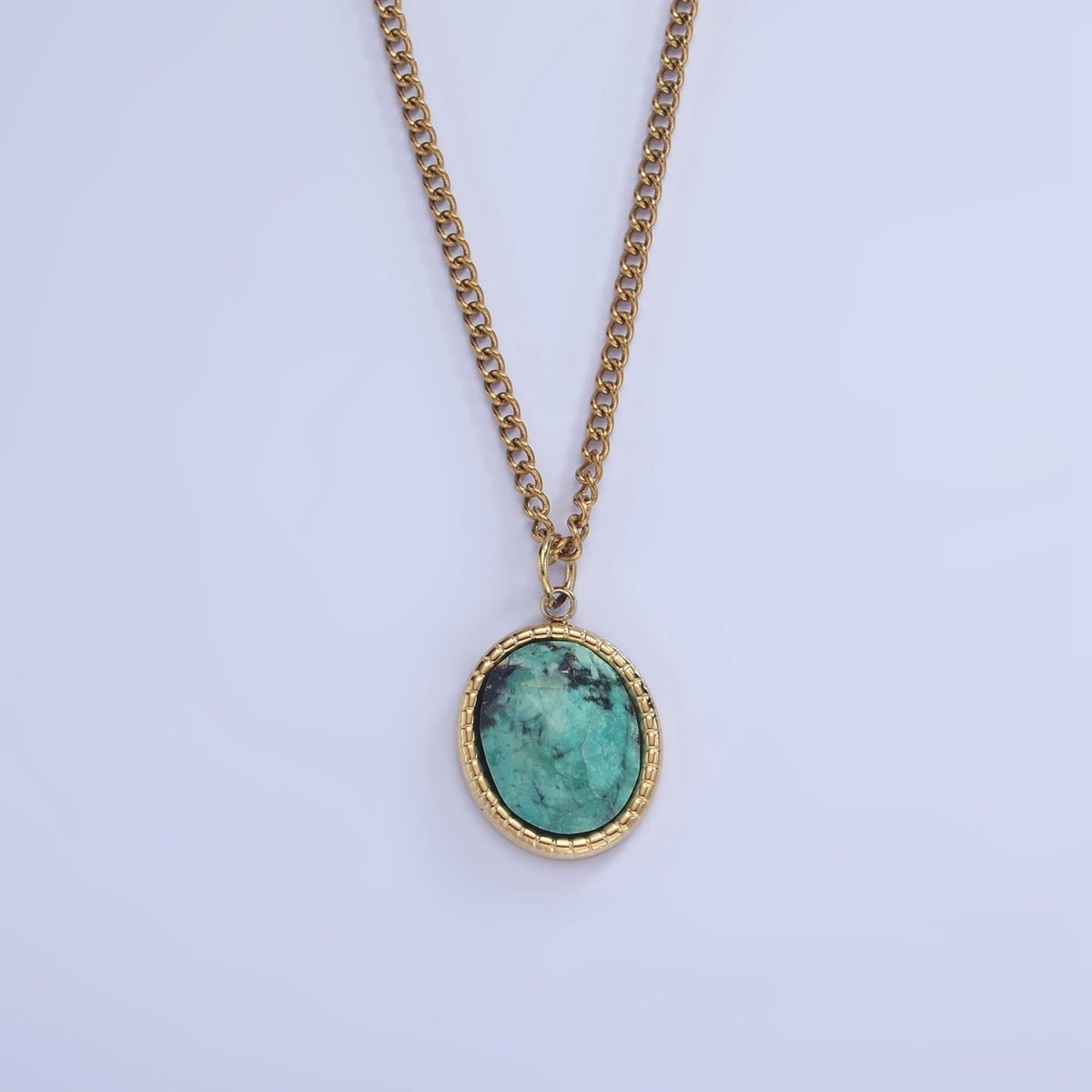 Stainless Steel Turquoise Oval Bezel Curb Chain 16 Inch Necklace w. Extender | WA-2471 - DLUXCA