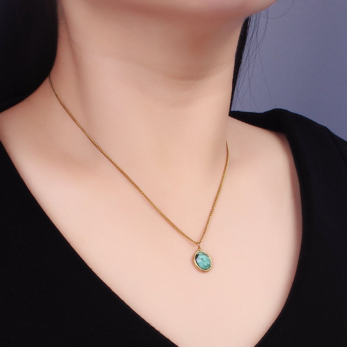 Stainless Steel Turquoise Oval Bezel Curb Chain 16 Inch Necklace w. Extender | WA-2471 - DLUXCA